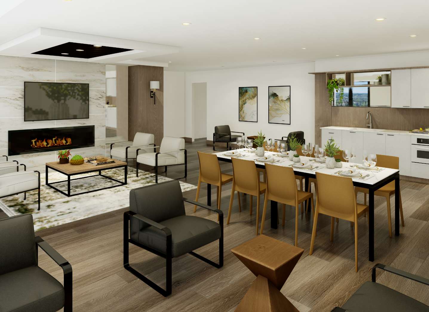 A rendering of the modern amenity room at the Winston. There is a fireplace, multiple lounge areas, and kitchen with dining table.